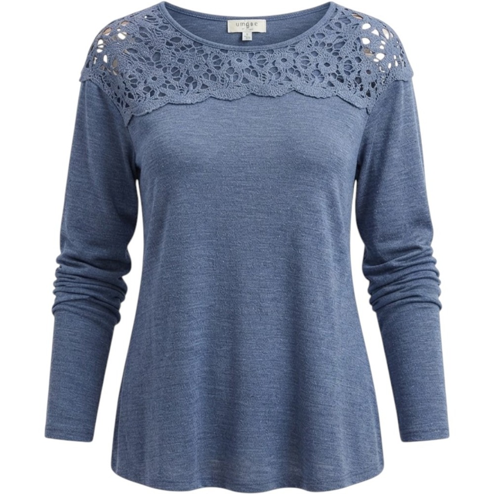 Umgee Blue Crochet Lace Long Sleeve Tunic Top Size M Slub Knit Layering Casual